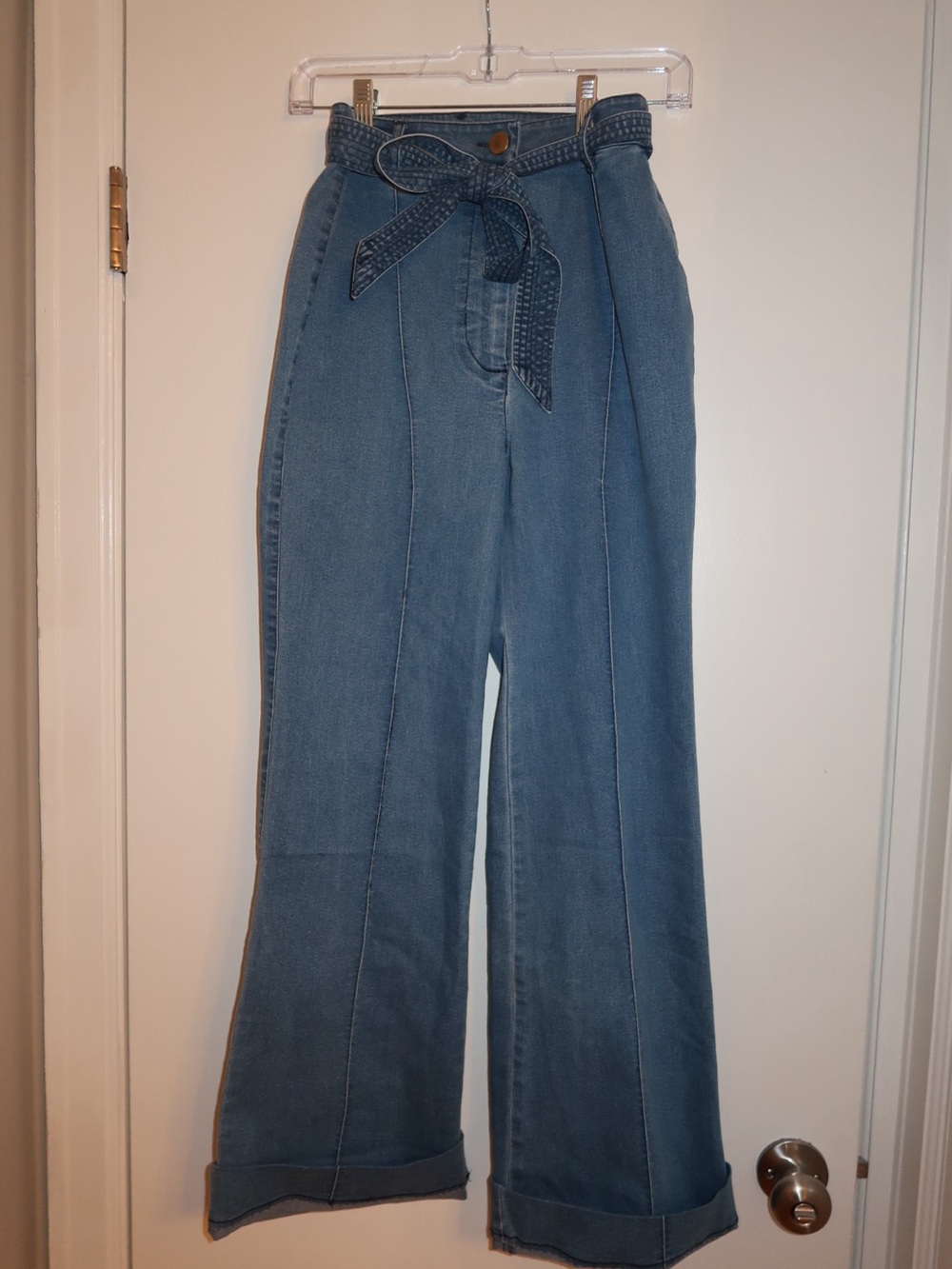 Cleobella Blue High-Waist Boot Cut Jeans with Self-Tie Belt